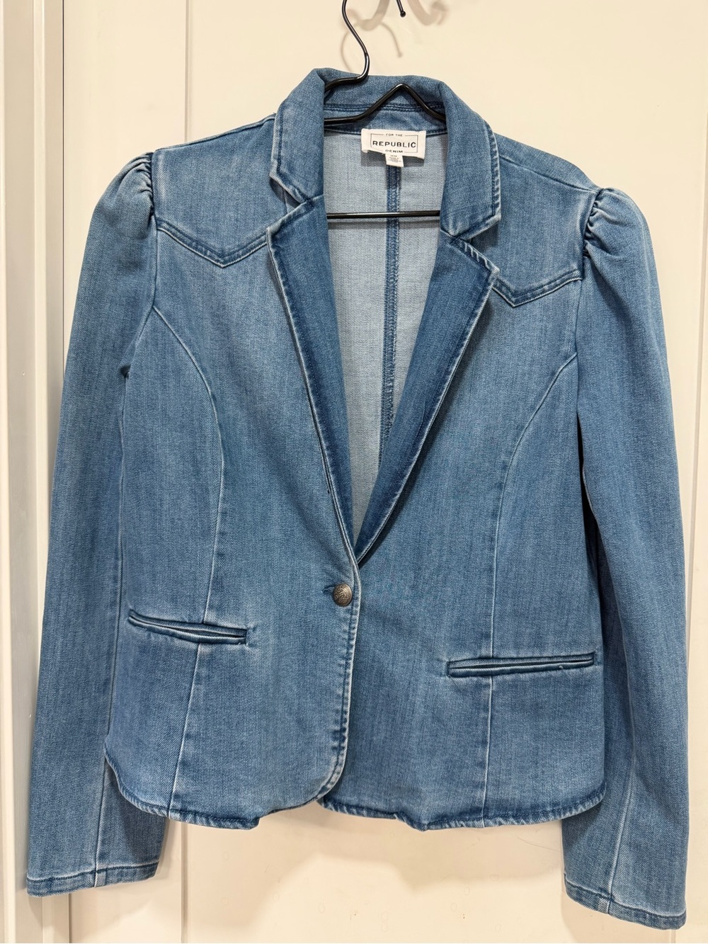 For The Republic Light Blue Denim Blazer with Single Button
